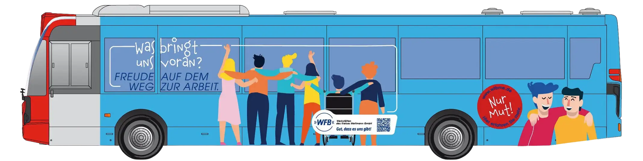 Der beklebte WFB-Bus mit Aufschrift: Was bringt uns voran? Freude auf dem Weg zur Arbeit. – Werkstätten des Kreises Mettmann GmbH